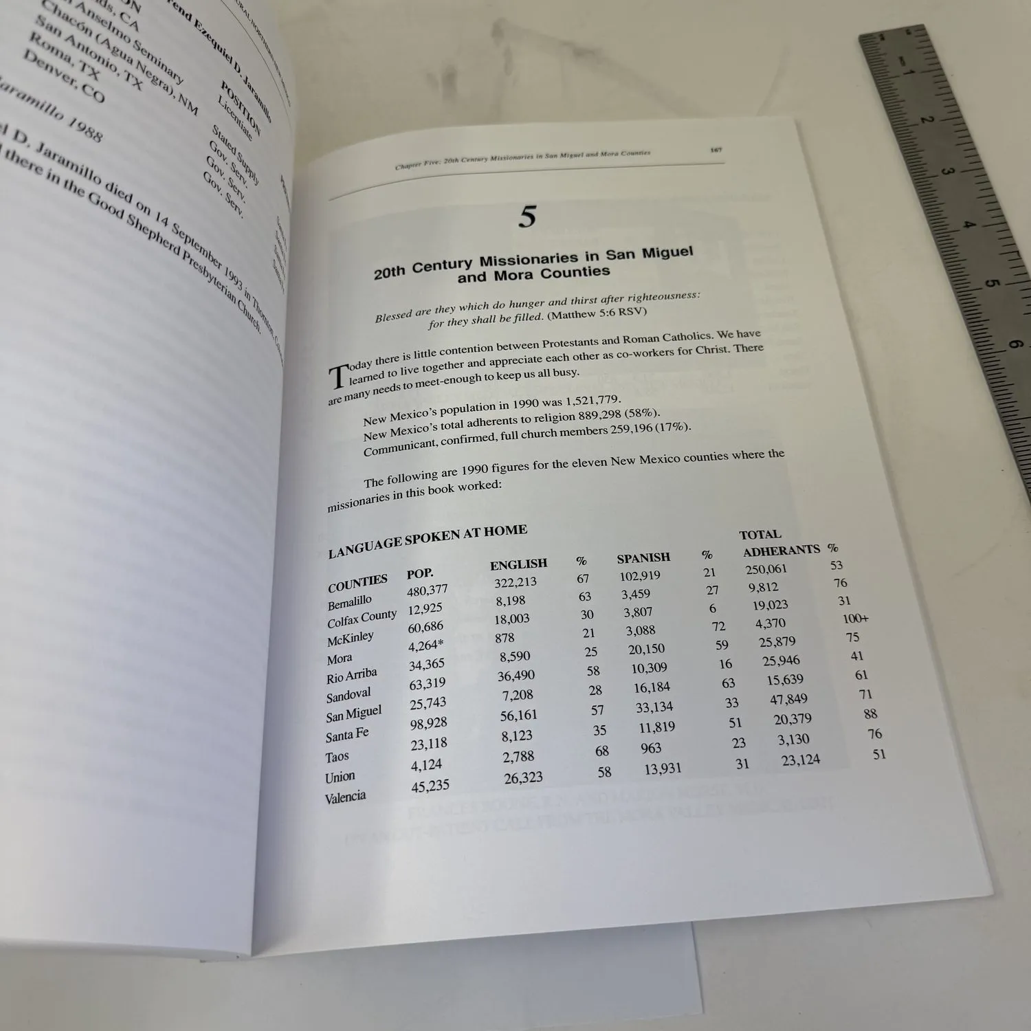 Chapter 5 demographic data table from Presbyterian Missionaries in Rural Northern New Mexico showing 1990 census data for 11 New Mexico counties including population and language statistics for the Presbyterian mission field