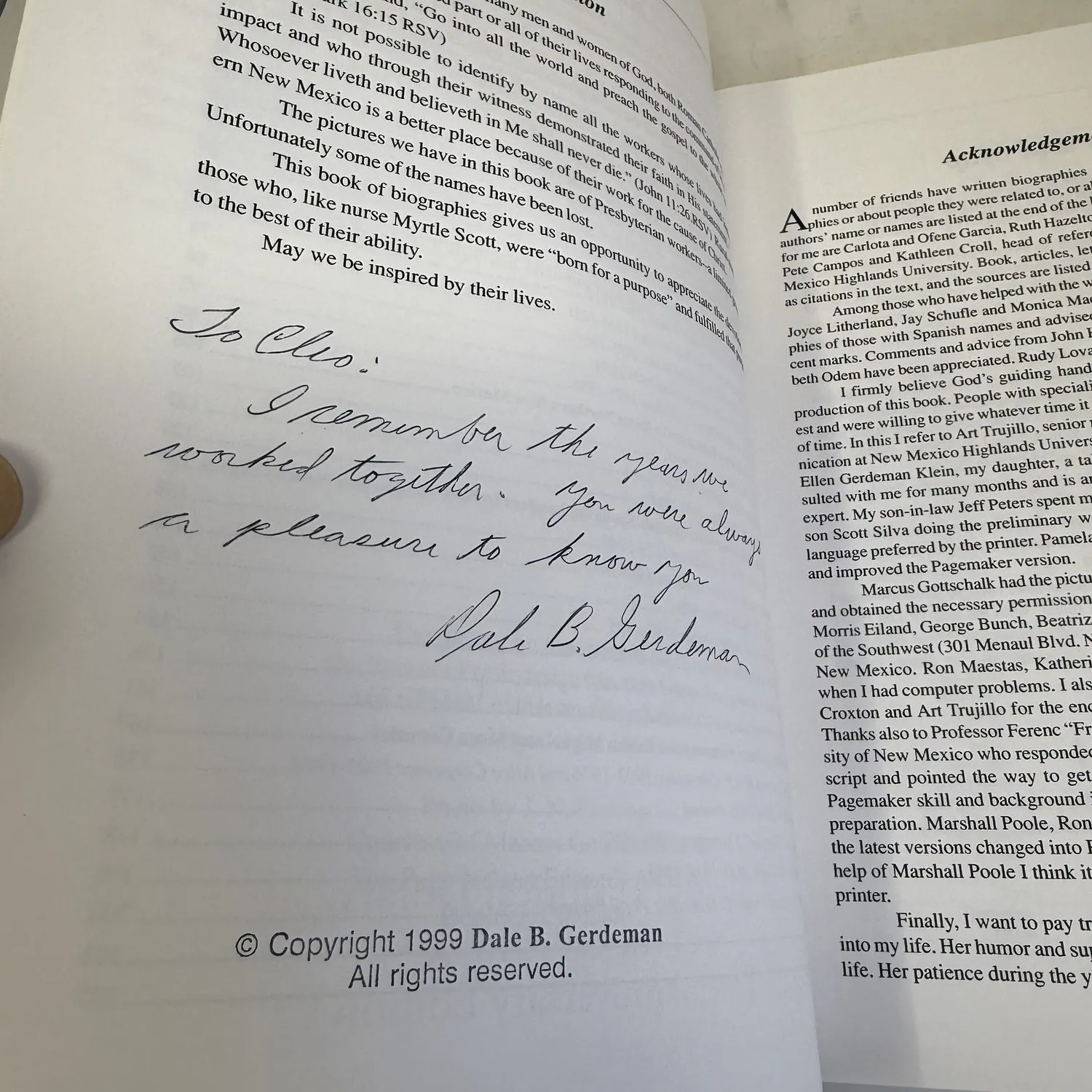 Author inscription by Dale B. Gerdeman in Presbyterian Missionaries in Rural Northern New Mexico — personal dedication to Cleo reading I remember the years we worked together, signed by author, 25th Anniversary Edition 1999 Menaul Historical Library