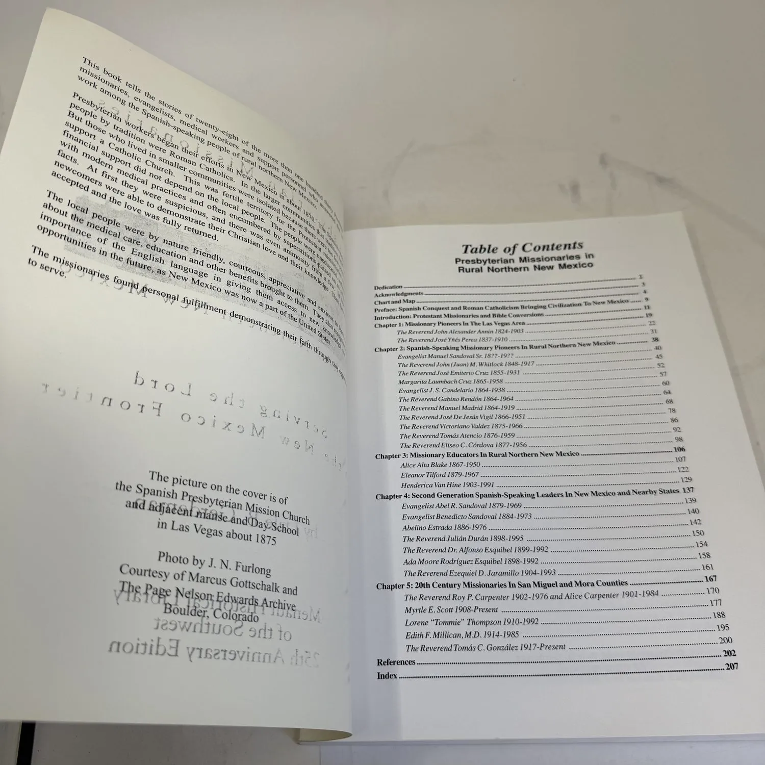 Table of contents of Presbyterian Missionaries in Rural Northern New Mexico showing chapters on Missionary Pioneers, Spanish-Speaking Leaders, Missionary Educators, and 20th Century Missionaries in San Miguel and Mora Counties