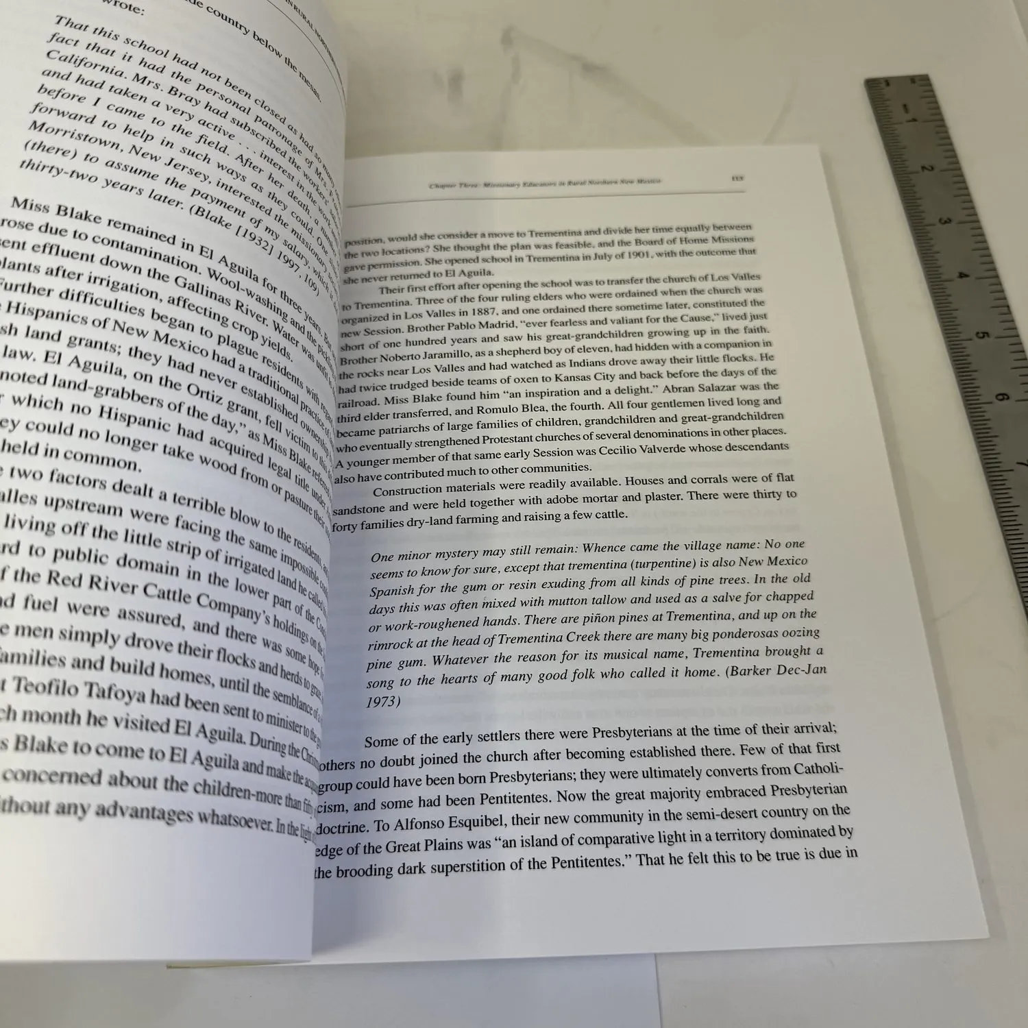 Interior page discussing Trementina village in San Miguel County New Mexico — early settlers, Presbyterian and Penitente communities, Alfonso Esquibel, origin of village name from NM Spanish for turpentine resin