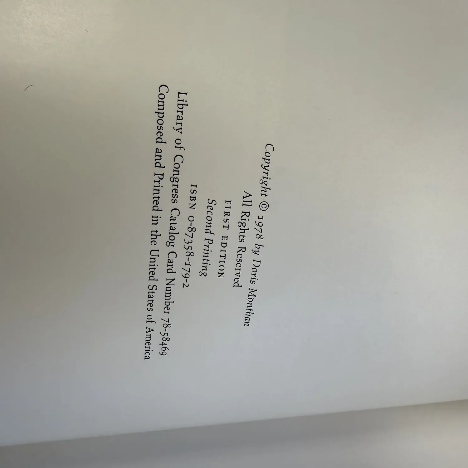 Copyright page of R.C. Gorman: The Lithographs — Copyright 1978 by Doris Monthan, First Edition Second Printing, ISBN 0-87358-179-2, Northland Press Flagstaff