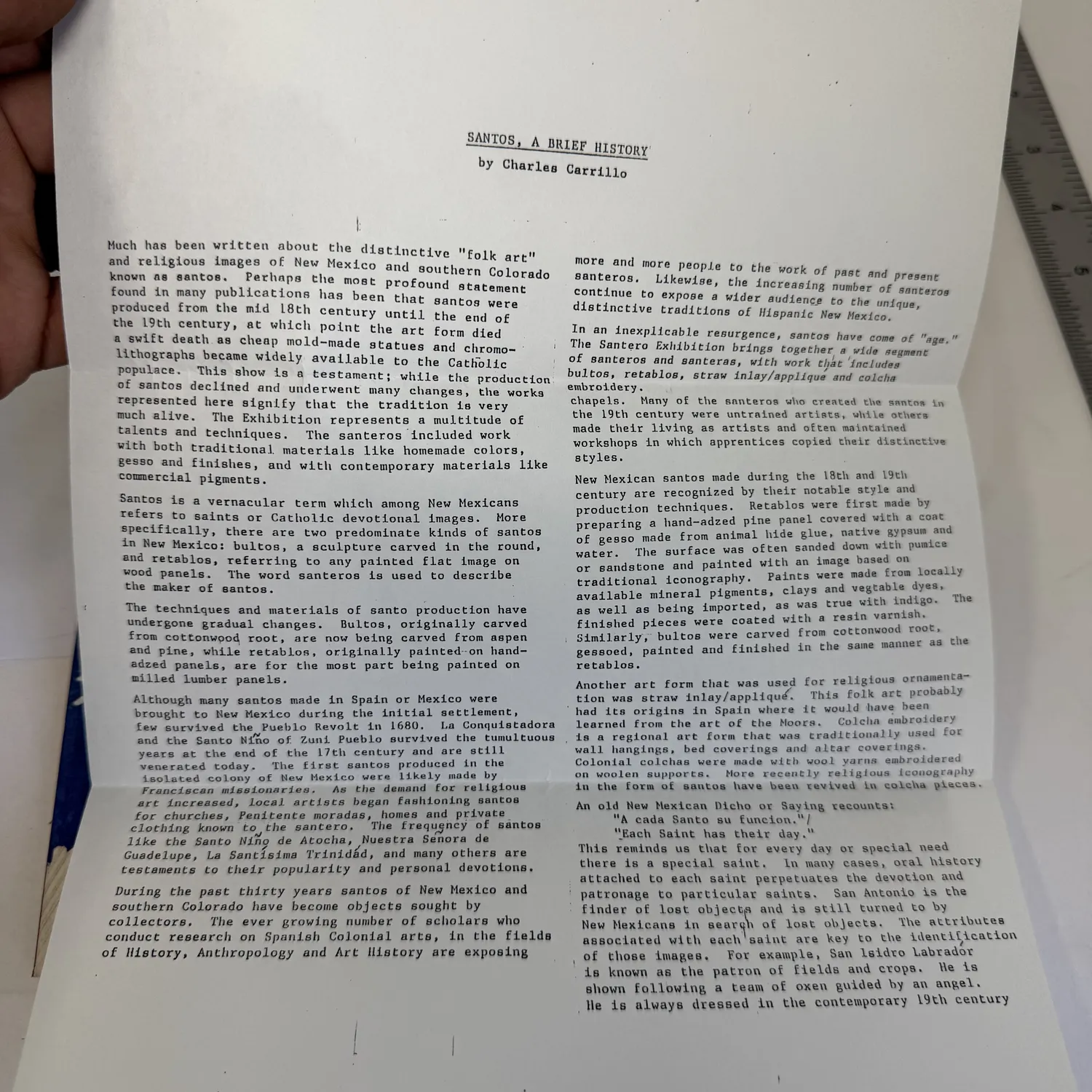 Interior page of Weaving and Colcha from the Hispanic Southwest showing Santos A Brief History essay by Charles Carrillo, discussing religious folk art images of New Mexico and southern Colorado known as santos, bultos and retablos
