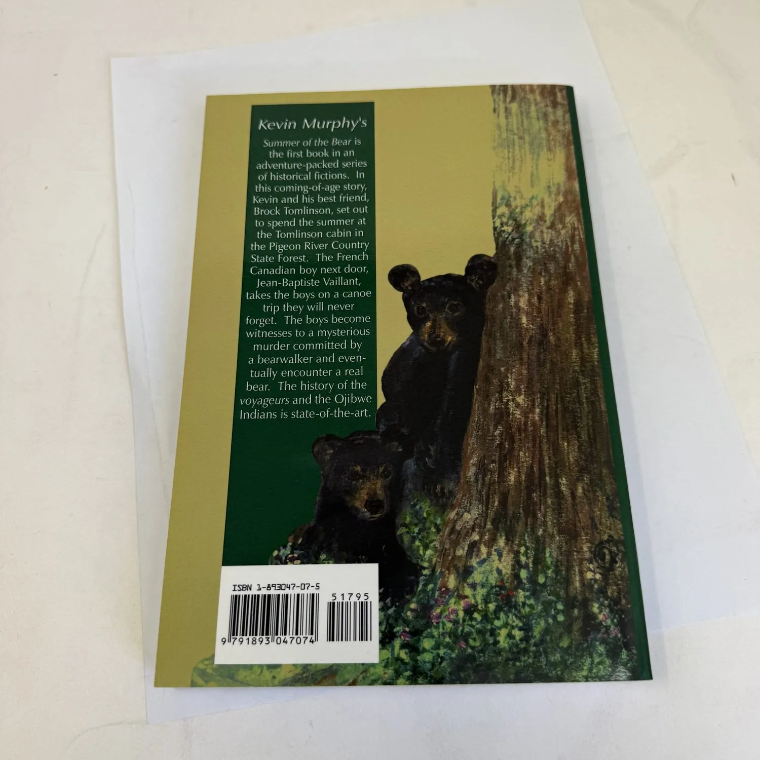 Back cover of Summer of the Bear by Leigh A. Arrathoon showing story description of fourteen-year-old Kevin Murphy at Pigeon River Country State Forest Michigan, learning about the Anishinabeg Ojibwe Indians and French Canadian voyageurs, with bear cubs illustration. Paint Creek Press 2005.