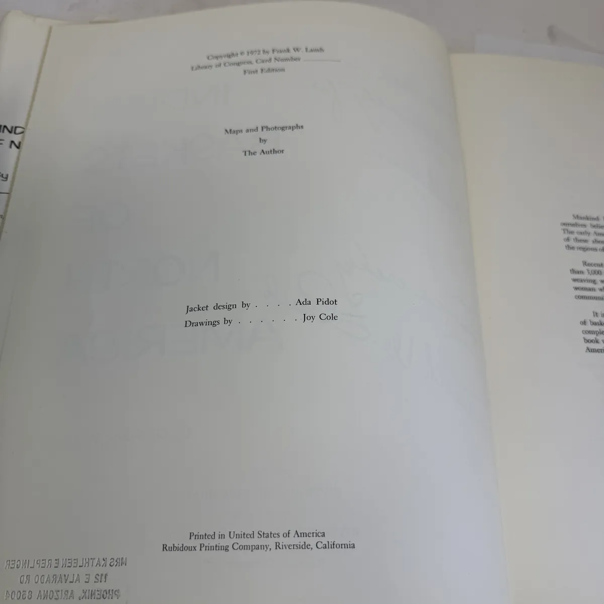 Indian Baskets of North America by Frank W. Lamb — copyright page