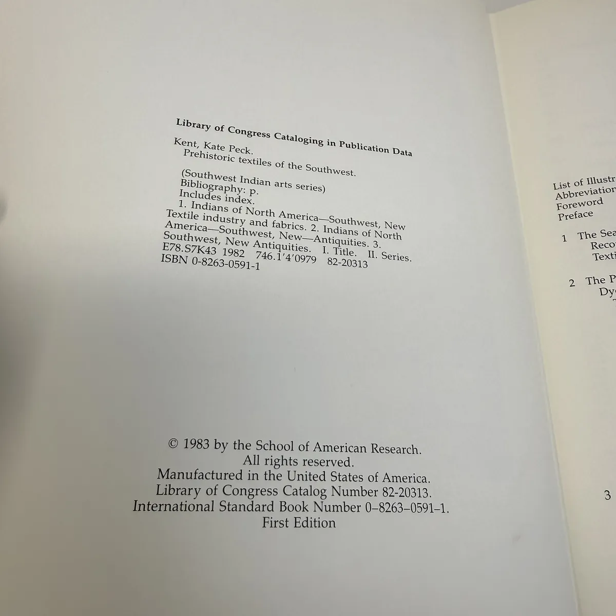 Prehistoric Textiles of the Southwest by Kate Peck Kent — copyright page