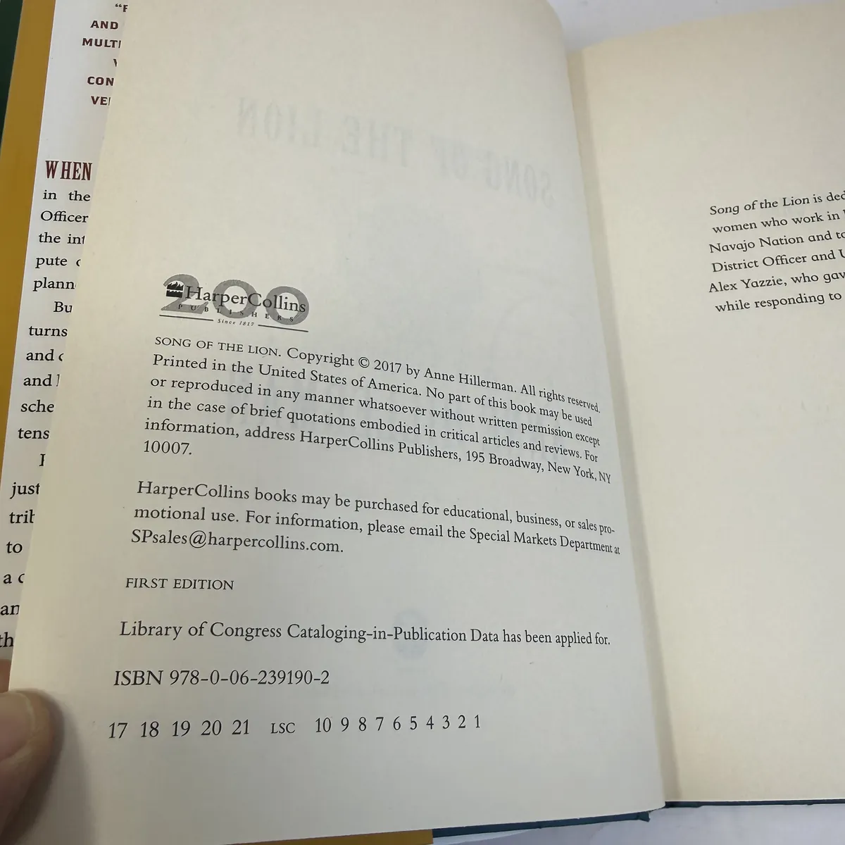 Song of the Lion by Anne Hillerman — copyright page