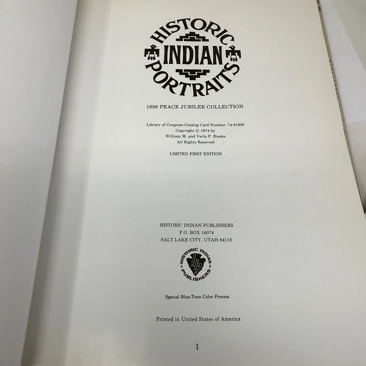 Historic Indian Portraits by William M. and Verla P. Rieske — title page