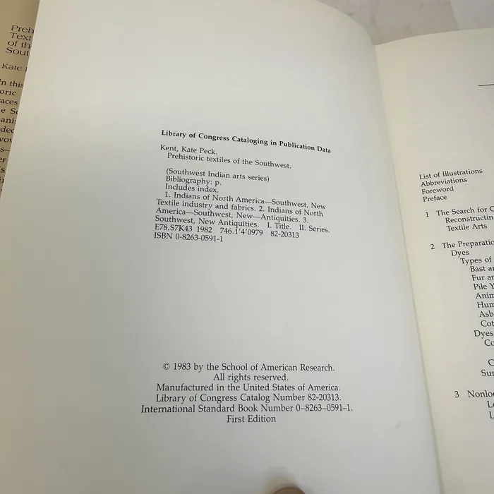 Prehistoric Textiles of the Southwest by Kate Peck Kent — copyright page