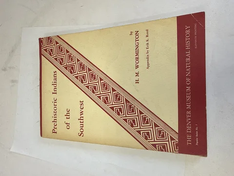 Cover of Prehistoric Indians of the Southwest by H. M. Wormington, eleventh printing 1973, diagonal Southwest geometric pattern in red and tan