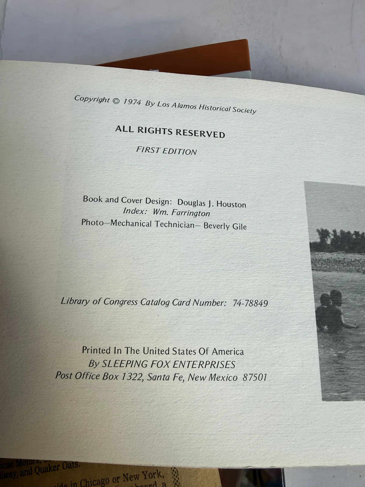 Copyright page of When Los Alamos was a Ranch School reading copyright 1974 by Los Alamos Historical Society, All Rights Reserved, First Edition, printed by Sleeping Fox Enterprises Santa Fe, photographed at New Mexico Literacy Project