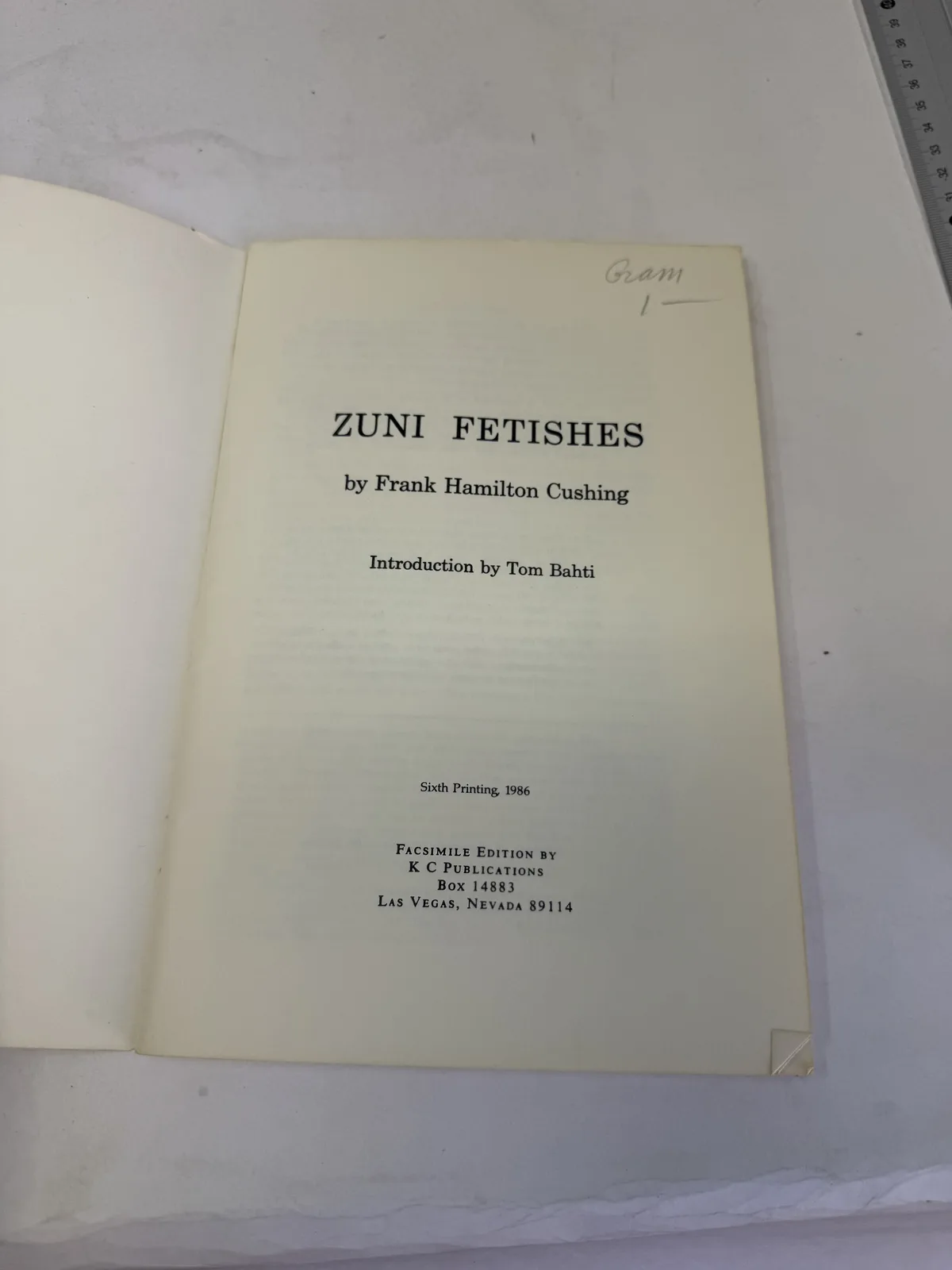 Title page of Zuni Fetishes by Frank Hamilton Cushing with introduction by Tom Bahti, sixth printing 1986, facsimile edition by KC Publications, photographed at New Mexico Literacy Project